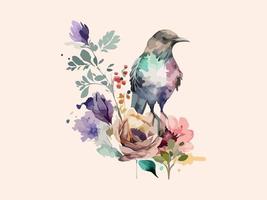 Watercolor bird and sparrow vector illustration Realistic hand drawn Painting, On branches decorated by leaves and flowers, White isolated background.
