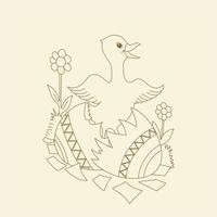 A drawing of a duck with flowers. Outline illustration of cute duck with eggs shell on beige background. Vintage Happy Easter design motif. vector