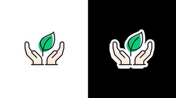 green leaf with two hand environmental logo icon sticker vector