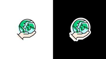 world globe on hand environmental logo icon sticker vector