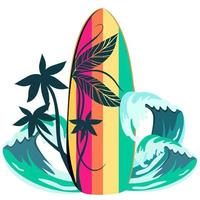 Surfboard with palm trees and waves vector