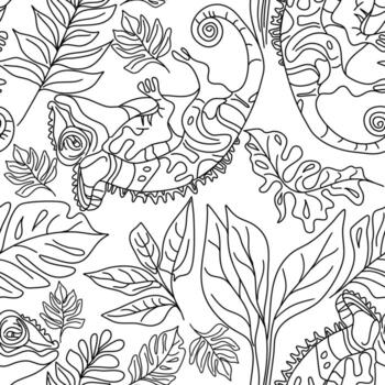 Animalistic pattern with chameleons in line art technique vector