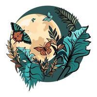 Butterflies with tropical leaves against the backdrop of the moon vector
