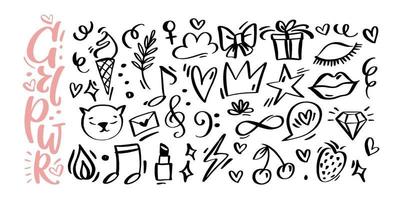 Girl Power linear hand drawn set. One color minimalistic drawn objects such as crown, lips, ice cream, letter, hearts, speech bubble, flame, flash, lashes, musical notes, berries, swirls and diamond. vector