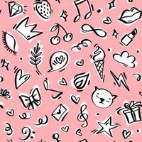 Girl Power linear hand drawn vector seamless pattern. Repeatable background with objects such as crown, lips, ice cream, letter, hearts, speech bubble, flame, flash, lashes, musical notes.