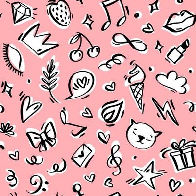 Girl Power linear hand drawn vector seamless pattern. Repeatable background with objects such as crown, lips, ice cream, letter, hearts, speech bubble, flame, flash, lashes, musical notes.
