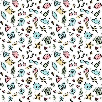 Girl Power linear hand drawn vector seamless pattern. Repeatable background with objects such as crown, lips, ice cream, letter, hearts, speech bubble, flame, flash, lashes, musical notes.