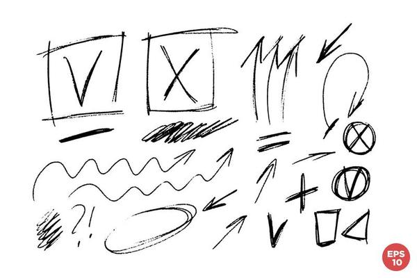 Hand drawn vector signs, marks, lines, crosses and checkboxes. Sings ans symbols set. Grungy marks collection. Elements for design.