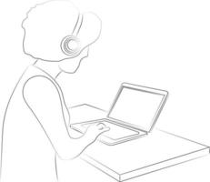 Hand Drawn Line Drawing Illustration of a Young Woman Wearing Music Headphones while using a Laptop. Online Working, Online Studies or Work from Home Symbol vector