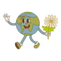 Earth Day. Cartoon cute earth planet character in retro style. Environmental eco concept vector