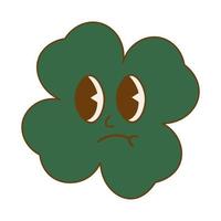 Trendy retro cartoon character clover with four leaf. Happy Saint Patrick's Day. Groovy style, vintage, 70s 60s aesthetics vector