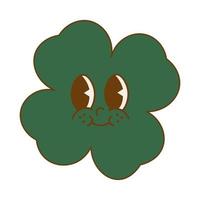 Trendy retro cartoon character clover with four leaf. Happy Saint Patrick's Day. Groovy style, vintage, 70s 60s aesthetics vector