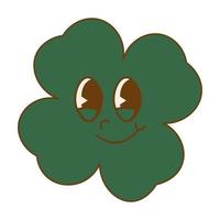 Trendy retro cartoon character clover with four leaf. Happy Saint Patrick's Day. Groovy style, vintage, 70s 60s aesthetics vector