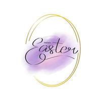 Happy Easter lettering. Blue brush strokes in round gold frame. Design template for banner, card, cover, web, flyer, poster vector