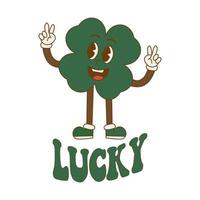 Trendy retro cartoon character clover with four leaf. Happy Saint Patrick's Day. Groovy style, vintage, 70s 60s aesthetics vector