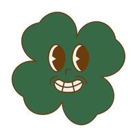 Trendy retro cartoon character clover with four leaf. Happy Saint Patrick's Day. Groovy style, vintage, 70s 60s aesthetics vector