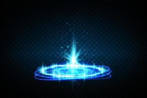 Magic portals on the night scene. Blue round holograms with rays of light and sparkles. Glowing futuristic teleport tunnel with copy space vector