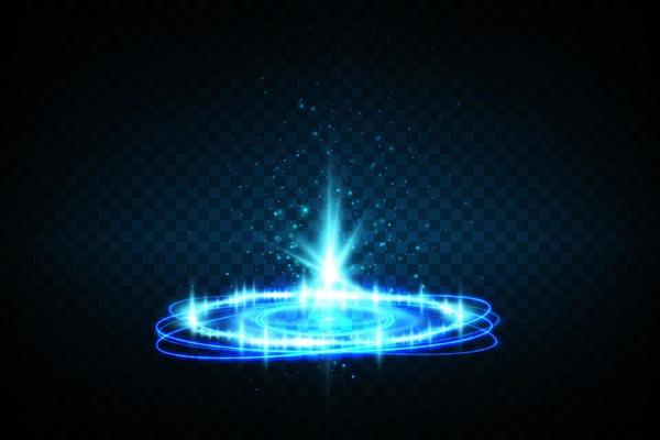 Magic portals on the night scene. Blue round holograms with rays of light and sparkles. Glowing futuristic teleport tunnel with copy space
