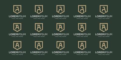 set of letter A monogram and shield sign combination. Line art logo design. vector