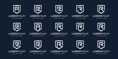 set of letter R monogram and shield sign combination. Line art logo design. Symbolizes reliability, safety, power, security.  luxury logotype. vector