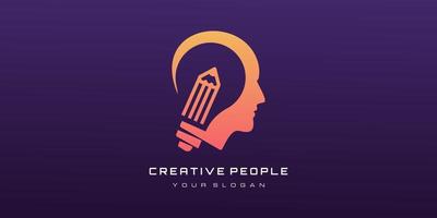 Creative head with light bulb and pencil concept logo vector design.