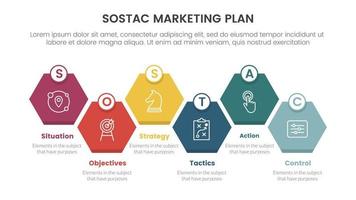 sostac digital márketing plan infografía 6 6 punto etapa modelo con panal forma caja Derecha dirección concepto para diapositiva presentación vector