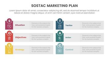 sostac digital márketing plan infografía 6 6 punto etapa modelo con largo rectángulo forma simétrico concepto para diapositiva presentación vector