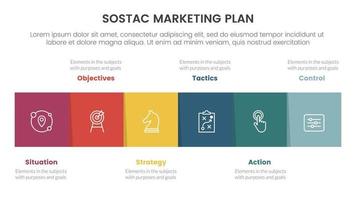 sostac digital marketing plan infographic 6 point stage template with right direction box timeline concept for slide presentation vector