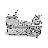 fast food doodle in Black and white color style  illustration objects isolated on white background. vector