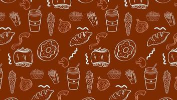 Background Junk Food Related Seamless Pattern and Background . Editable Stroke Fast Food Line Art of hamburger, pizza, hot dog, beverage, cheeseburger. Restaurant menu background vector