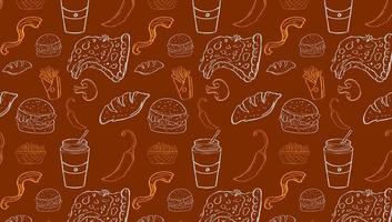Background Junk Food Related Seamless Pattern and Background . Editable Stroke Fast Food Line Art of hamburger, pizza, hot dog, beverage, cheeseburger. Restaurant menu background vector