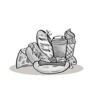 fast food doodle in Black and white color style  illustration objects isolated on white background. vector