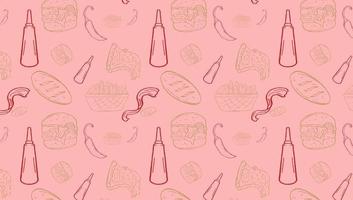 Background Junk Food Related Seamless Pattern and Background . Editable Stroke Fast Food Line Art of hamburger, pizza, hot dog, beverage, cheeseburger. Restaurant menu background vector