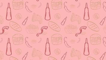 Background Junk Food Related Seamless Pattern and Background . Editable Stroke Fast Food Line Art of hamburger, pizza, hot dog, beverage, cheeseburger. Restaurant menu background vector