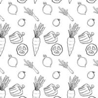 Black outline Seamless vegetable isolated in white background Vector Pattern Bright color Pattern suitable for posters, postcards, fabric or wrapping paper