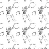 Black outline Seamless vegetable isolated in white background Vector Pattern Bright color Pattern suitable for posters, postcards, fabric or wrapping paper