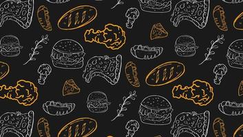 Fast Food Related Seamless Pattern and Background with Line Icons. Editable Stroke Junk Food Related Seamless Pattern and Background vector