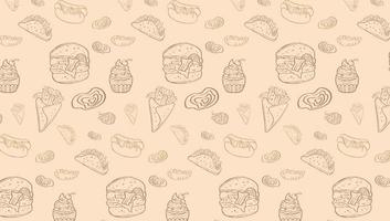 Fast Food Related Seamless Pattern and Background with Line Icons. Editable Stroke Junk Food Related Seamless Pattern and Background vector