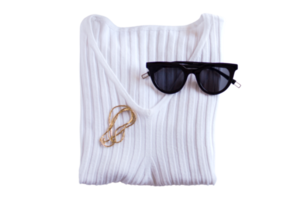 White blouse, black sunglasses and accessories isolated on a transparent background png