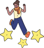 Businesswoman jumping with stars illustration in doodle style png