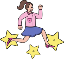 zakenvrouw jumping met sterren illustratie in tekening stijl png