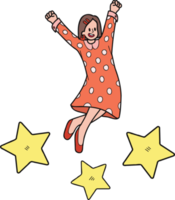 Businesswoman jumping with stars illustration in doodle style png