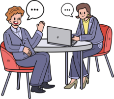 Businesswoman sitting and discussing work on the desk illustration in doodle style png