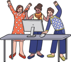 Team of business women rejoicing in success illustration in doodle style png