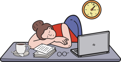 business woman resting on the desk illustration in doodle style png