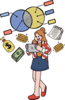 Businesswoman calculating cash flow with tablet illustration in doodle style png