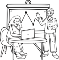 Business team presenting with slides and laptop illustration in doodle style png