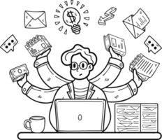 Businessman doing multitasking illustration in doodle style png