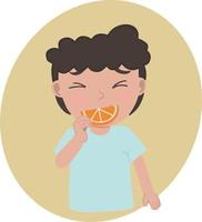 Cute handsome little kid boy eating healthy food acid fruit orange with cute expression illustration vector