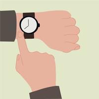 demostración hora en su reloj de pulsera moderno reloj con índice dedo señalando su otro mano ilustración vector